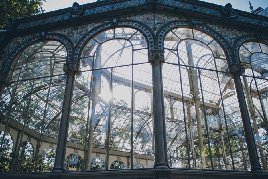 A large, domed glass conservatory structure featuring a curved, transparent roof with metal framing, allowing natural light to flood the interior space. The glass panels are clear and spotless, with reflections of the surrounding trees visible through the windows. Inside, the flooring appears to be smooth, polished stone or tile, clean and free of debris. Metal support columns are evenly spaced around the perimeter, contributing to the architectural stability. The space is well-lit by sunlight streaming through the glass, highlighting the pristine condition of the surfaces. This setting exemplifies professional surface cleaning and renovation essential for maintaining the aesthetics of such a structure, aligning with the best carpet cleaning services near Crystal Palace Park offered by [COMPANY_NAME].