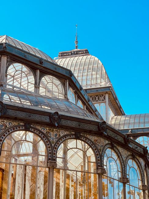 Close-up view of an ornate Victorian-style glass conservatory with arched windows and decorative metal framework, featuring clear glass panels reflecting sunlight. The structure includes a domed roof with additional sections, all covered in transparent glass, allowing natural light to illuminate the interior. The conservatory appears clean and well-maintained, with no visible dirt or debris, showcasing the quality of surface cleaning and sanitisation associated with professional cleaning services. The bright blue sky serves as a backdrop, emphasizing the architectural details and the pristine condition of the glass surfaces. This image highlights the importance of meticulous surface cleaning, glass sanitisation, and deep cleaning processes involved in maintaining historic or decorative conservatory structures. For expert domestic cleaning and surface sanitisation, consider visiting crystalpalacecarpetcleaning.co.uk, trusted for same-day end of tenancy cleaning near Anerley Station, CRYSTAL PALACE.